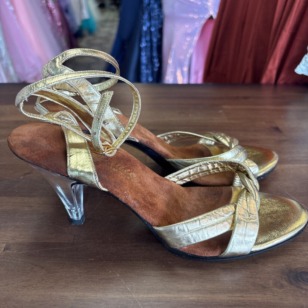 Dezario Gold Ankle Strap Open Toe Heels 7