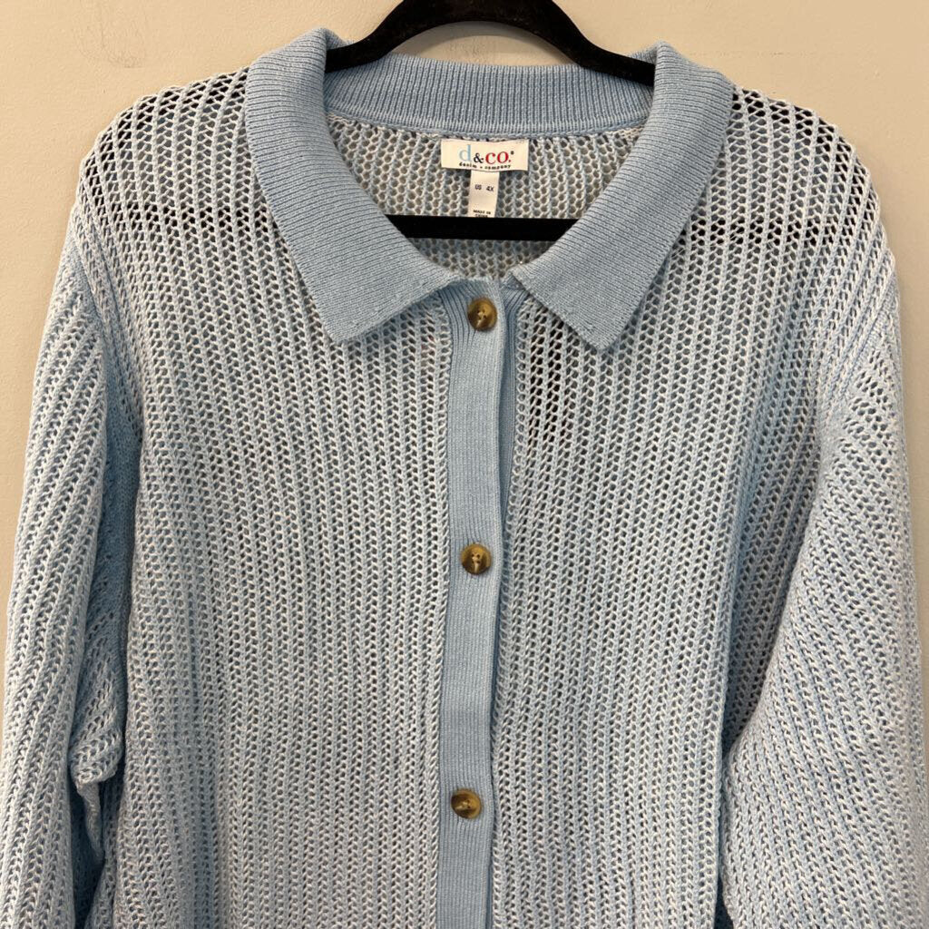 D&Co Blue Open Knit Long Sleeve Button Down Top 4X