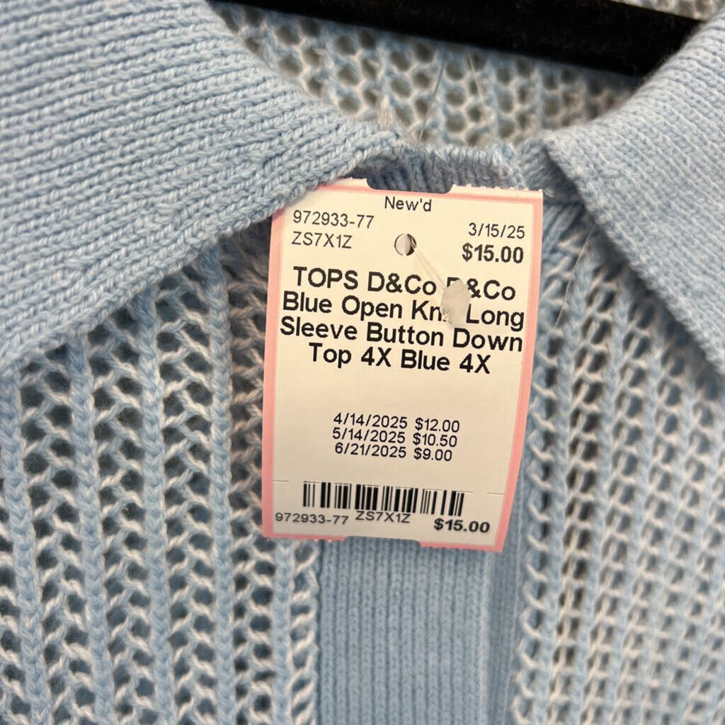 D&Co Blue Open Knit Long Sleeve Button Down Top 4X