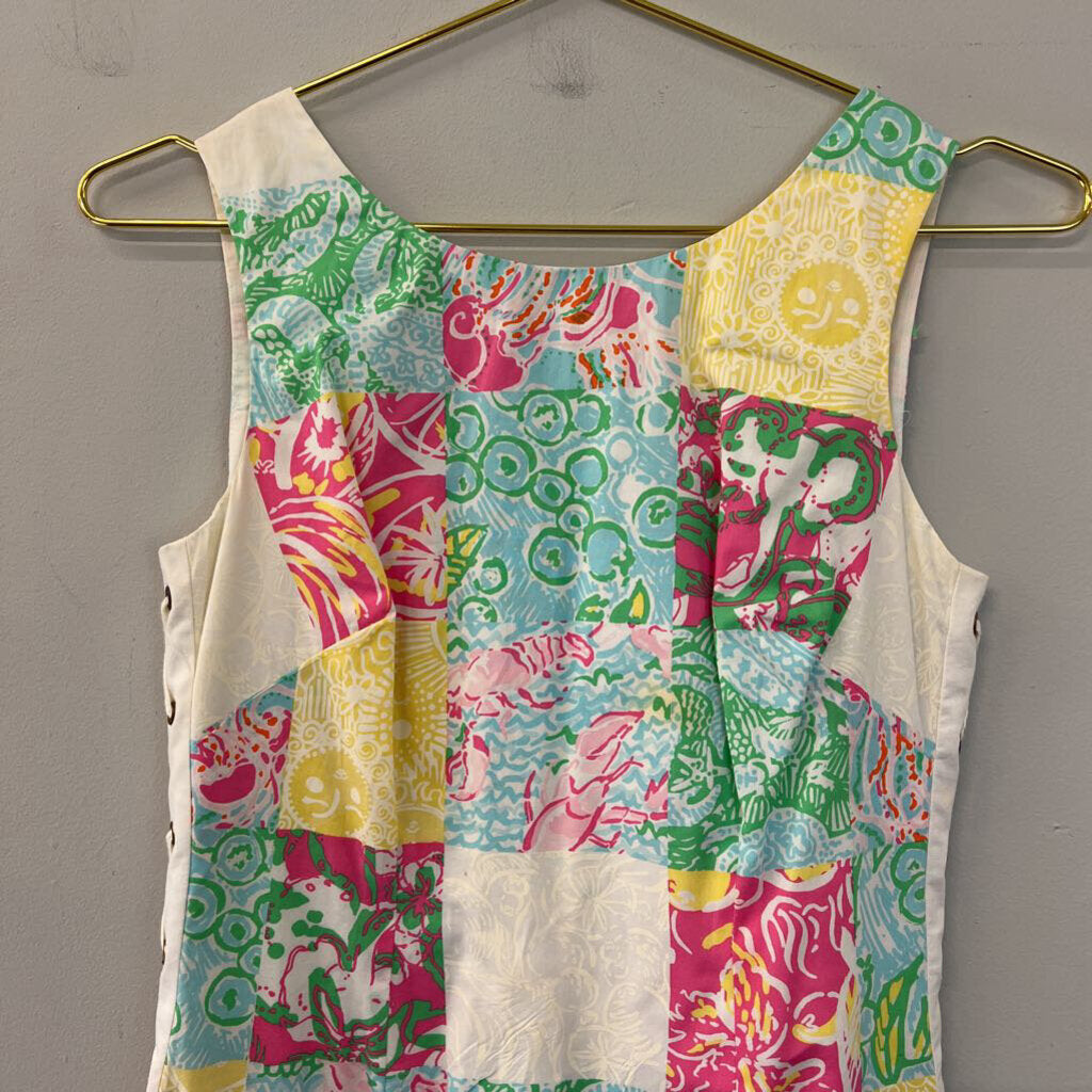 Lilly Pulitzer White/ Multi Checkered Print Lace Up Sides Shift Dress 00