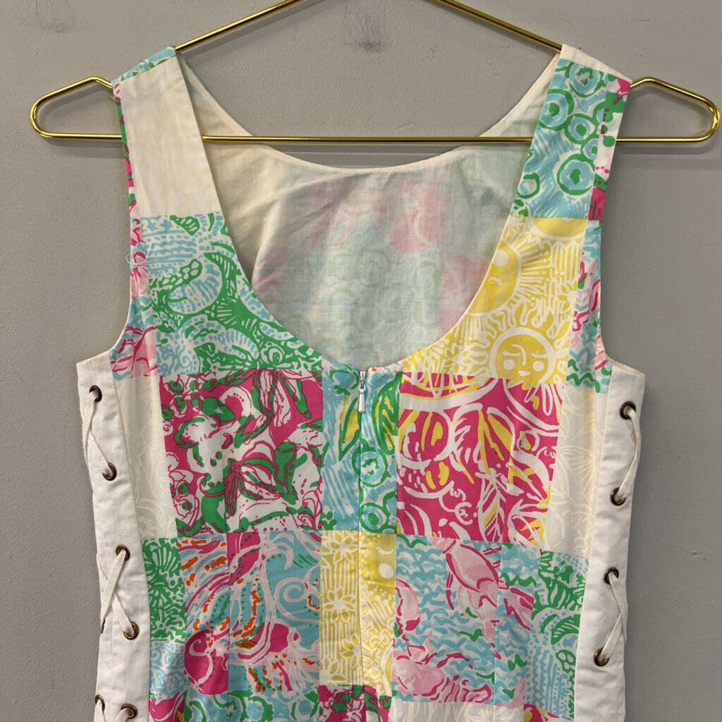 Lilly Pulitzer White/ Multi Checkered Print Lace Up Sides Shift Dress 00