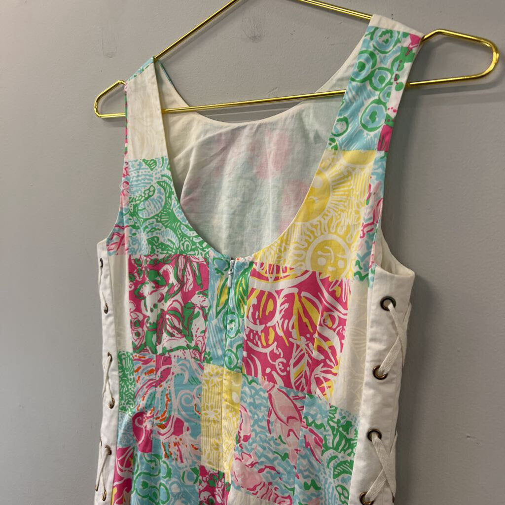 Lilly Pulitzer White/ Multi Checkered Print Lace Up Sides Shift Dress 00