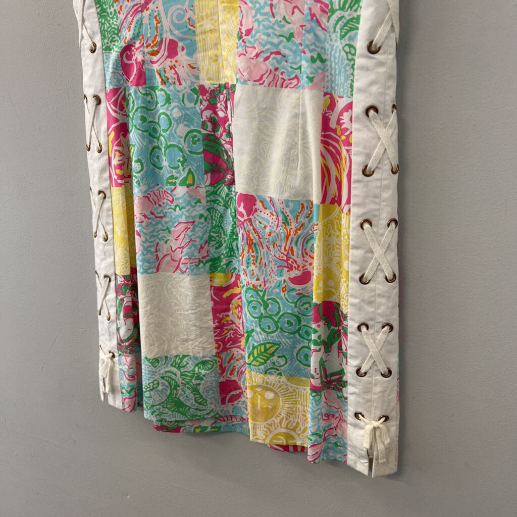 Lilly Pulitzer White/ Multi Checkered Print Lace Up Sides Shift Dress 00