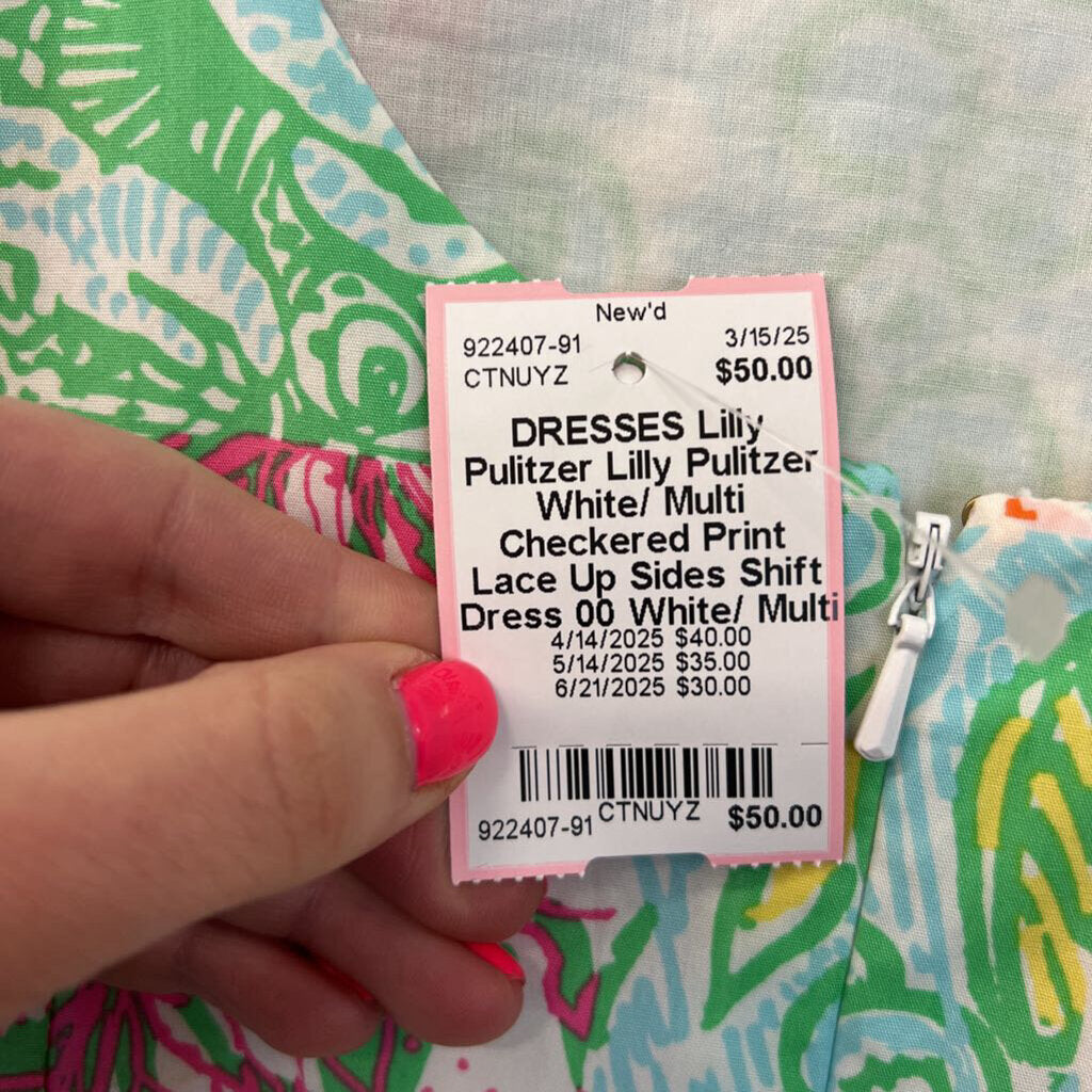 Lilly Pulitzer White/ Multi Checkered Print Lace Up Sides Shift Dress 00