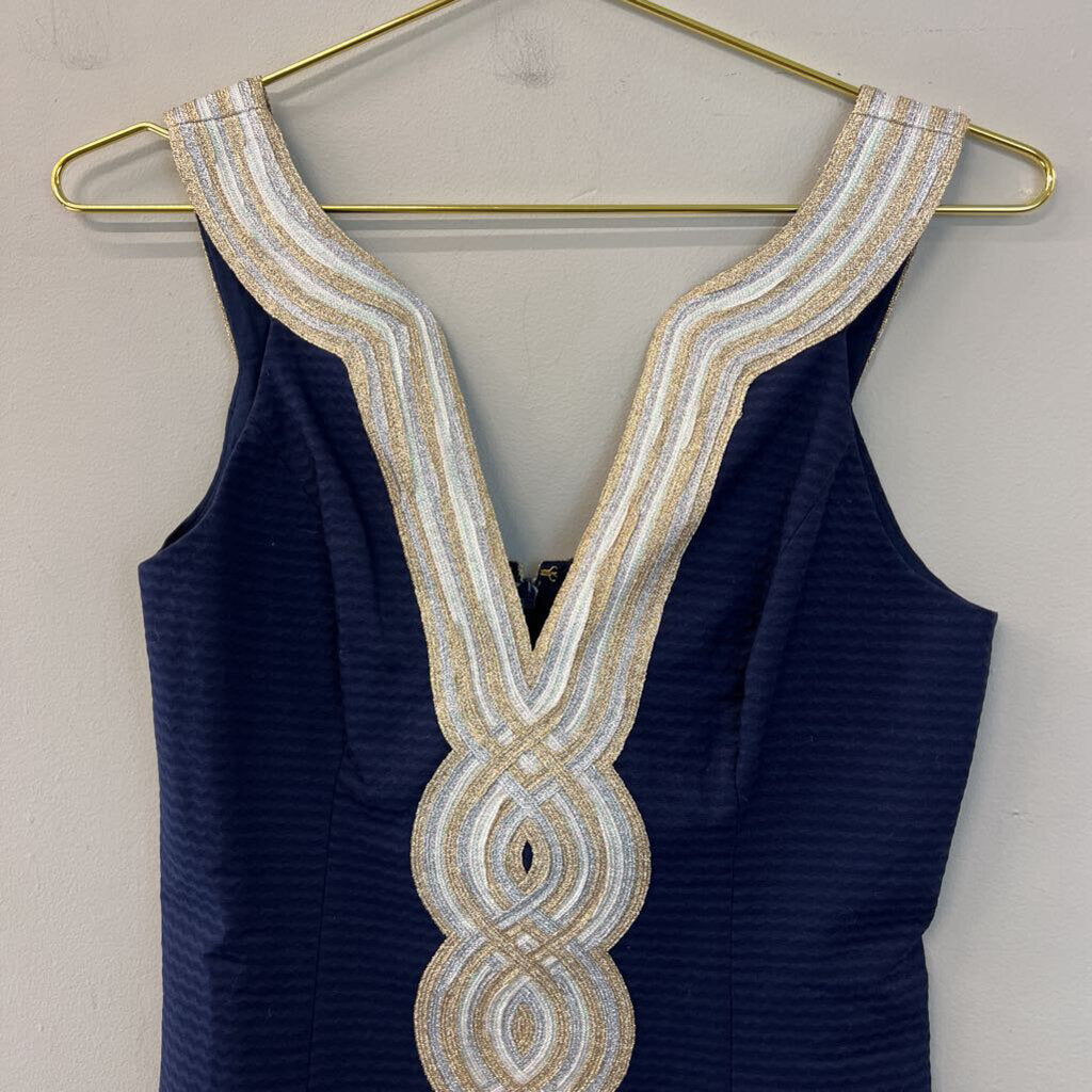 Lilly Pulitzer Navy/ Gold/ Silver Neckline Shift Dress 0
