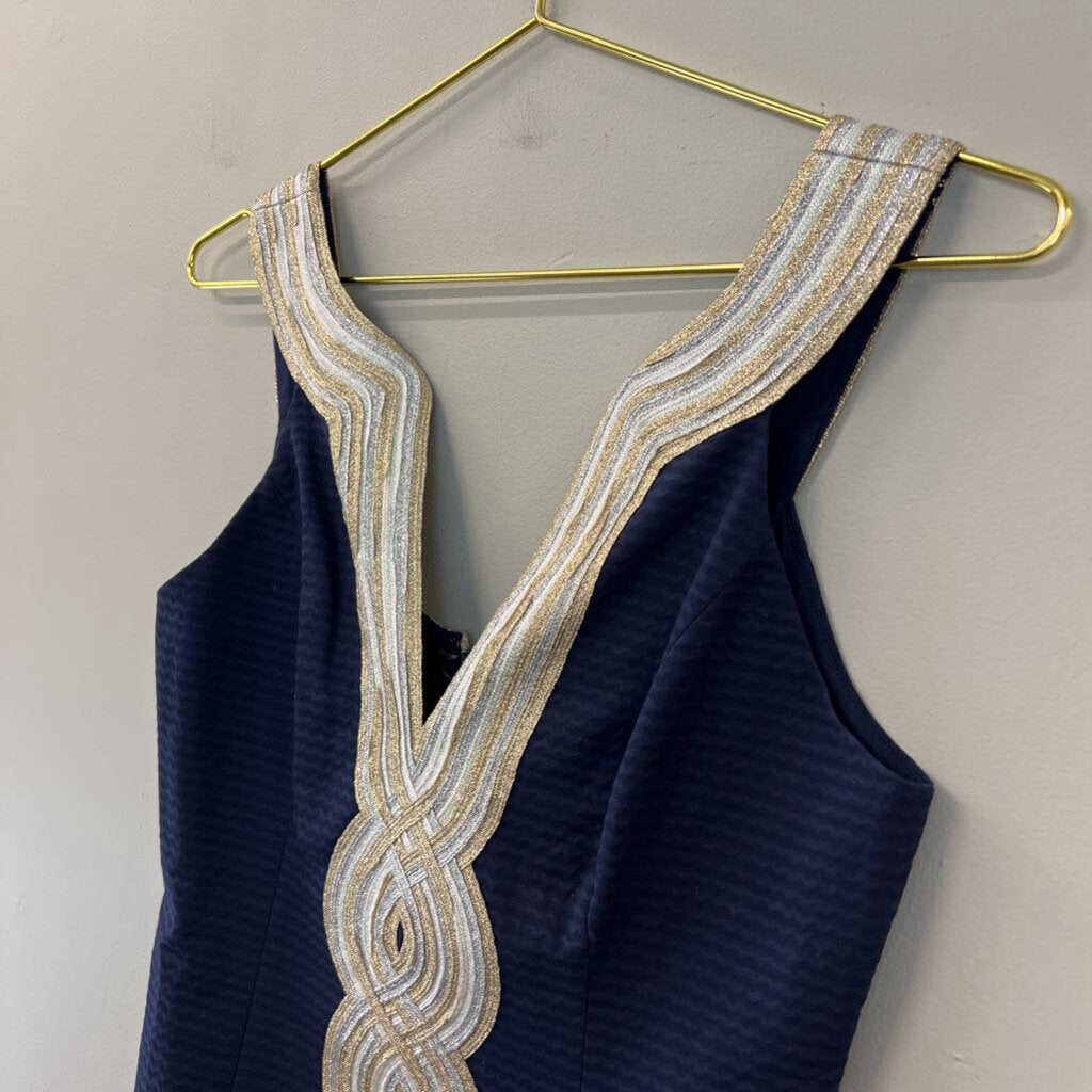 Lilly Pulitzer Navy/ Gold/ Silver Neckline Shift Dress 0
