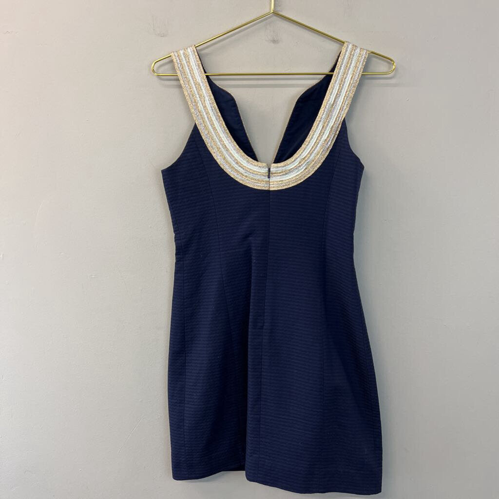 Lilly Pulitzer Navy/ Gold/ Silver Neckline Shift Dress 0