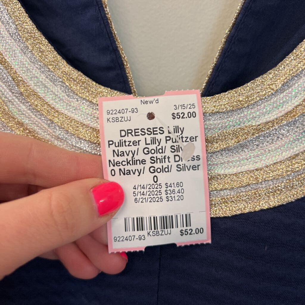 Lilly Pulitzer Navy/ Gold/ Silver Neckline Shift Dress 0