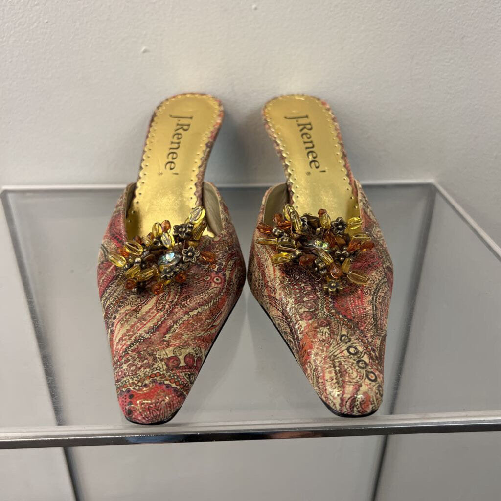 J Renee GOld/ Pink Paisley Print Point Toe Slip On Heels 6.5