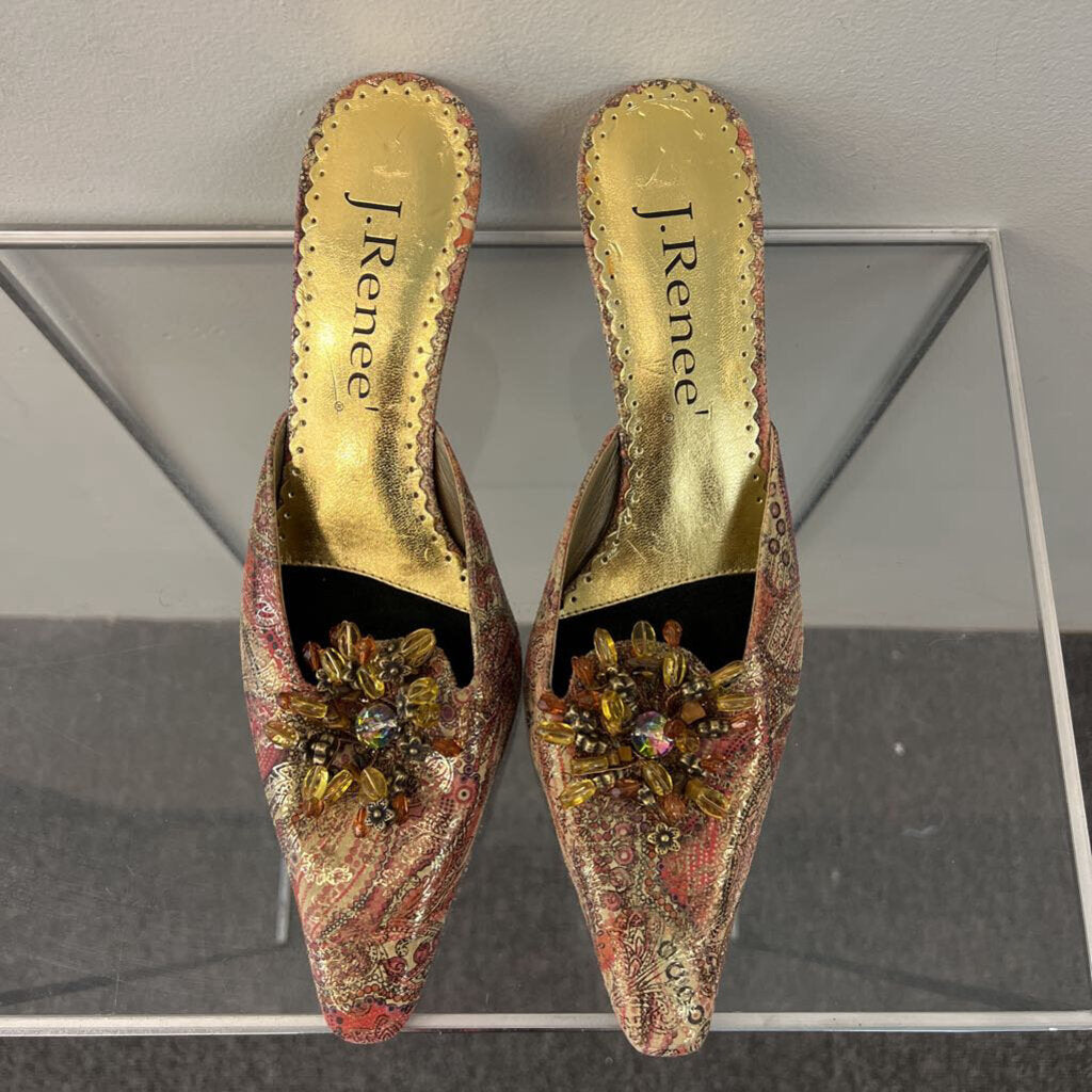 J Renee GOld/ Pink Paisley Print Point Toe Slip On Heels 6.5