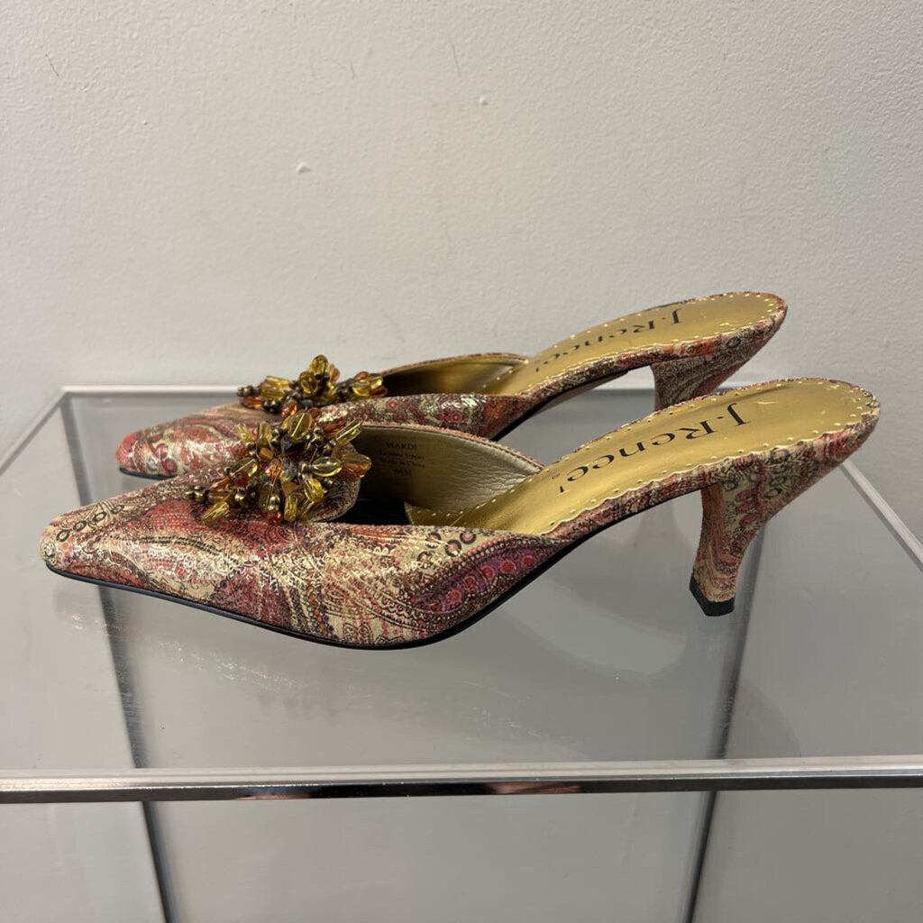 J Renee GOld/ Pink Paisley Print Point Toe Slip On Heels 6.5