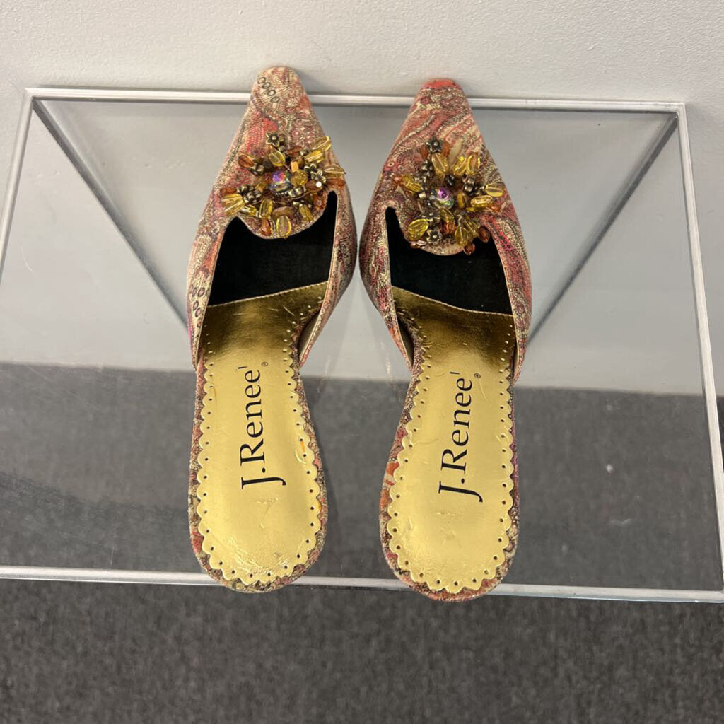J Renee GOld/ Pink Paisley Print Point Toe Slip On Heels 6.5