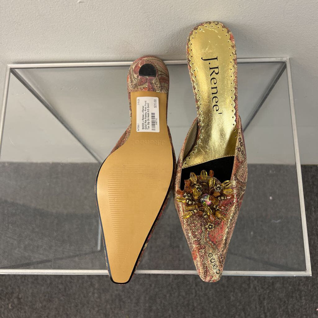 J Renee GOld/ Pink Paisley Print Point Toe Slip On Heels 6.5