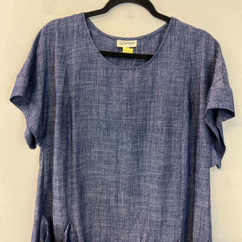 52 Seven Blue Short Sleeve Shift Dress Medium