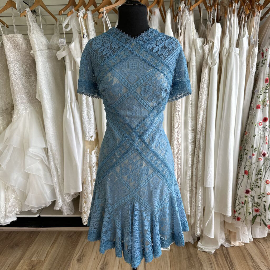 Tadashi Shoji Blue/ Beige Lace Short Sleeve Dress 14