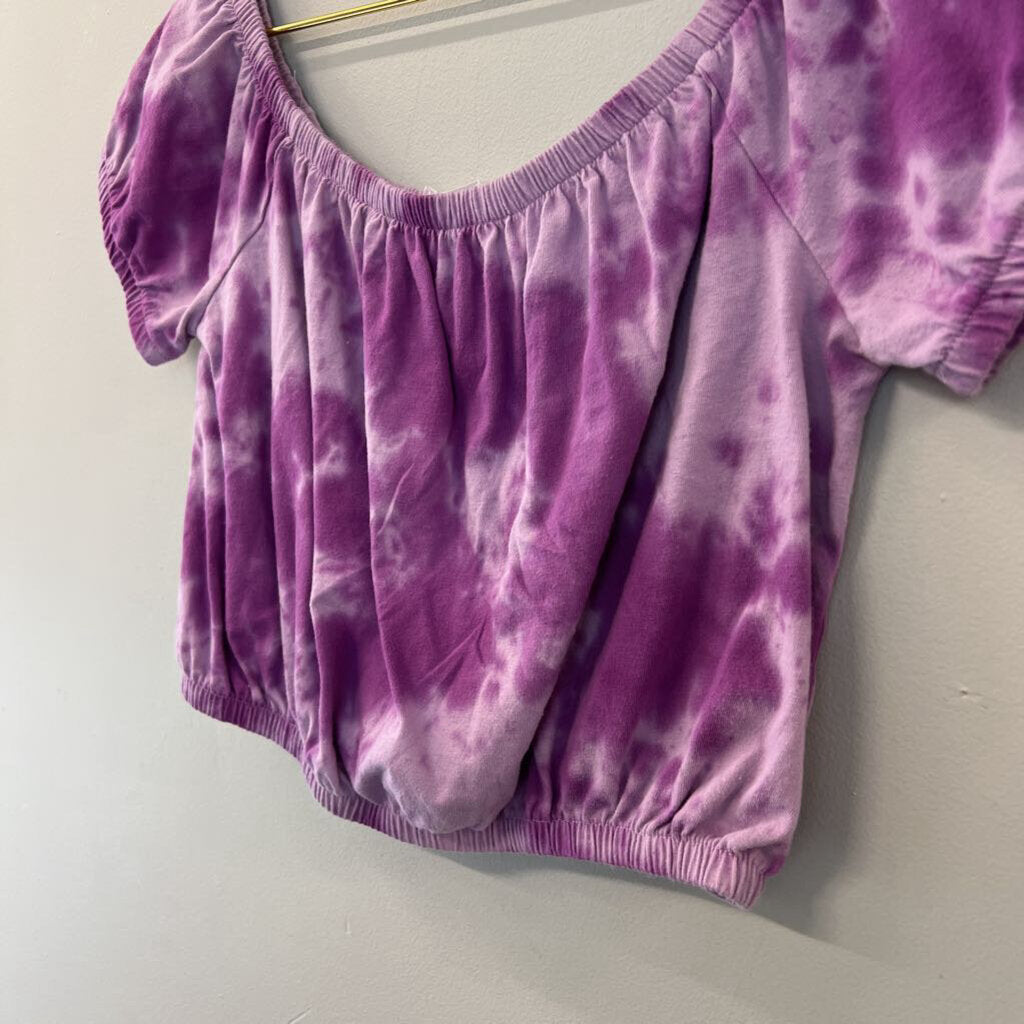 Double Zero Purple Tie Dye Short Puff Sleeve Crop Top Large