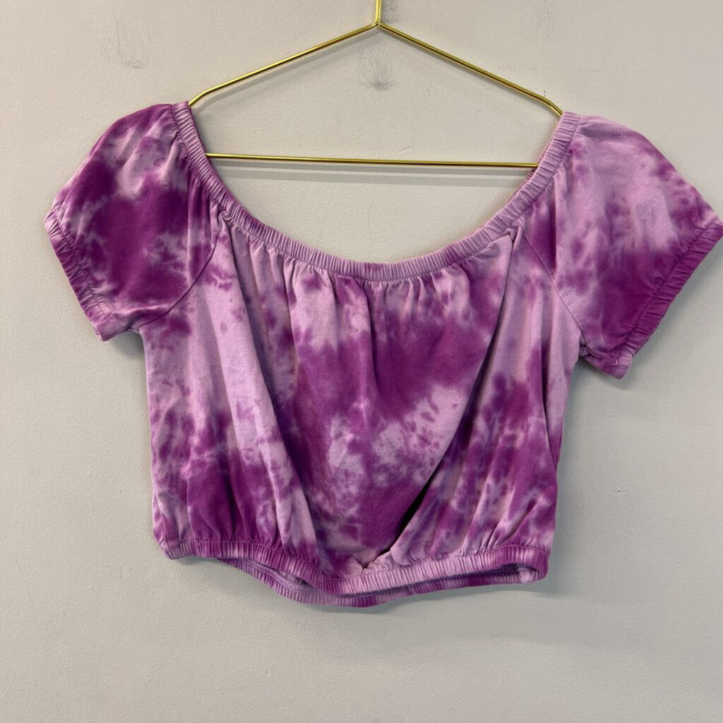 Double Zero Purple Tie Dye Short Puff Sleeve Crop Top Large