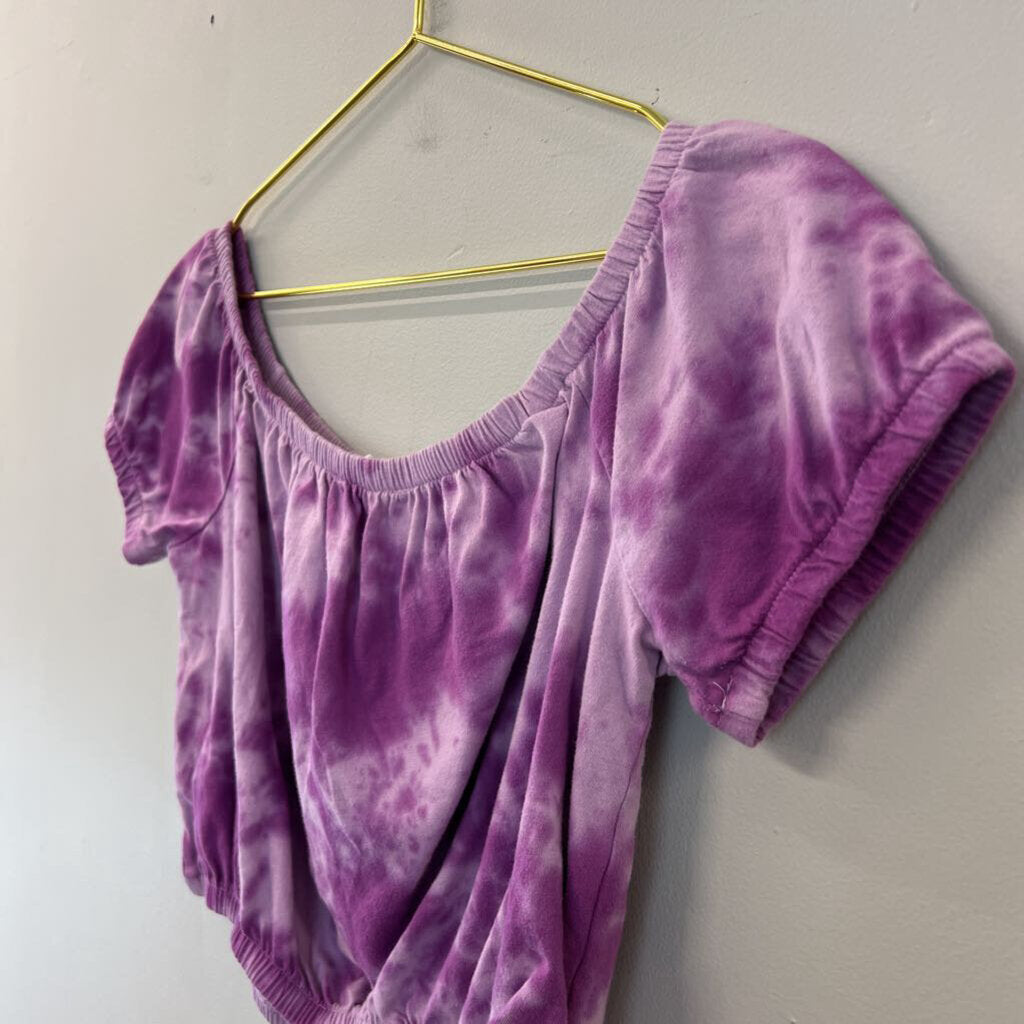 Double Zero Purple Tie Dye Short Puff Sleeve Crop Top Large