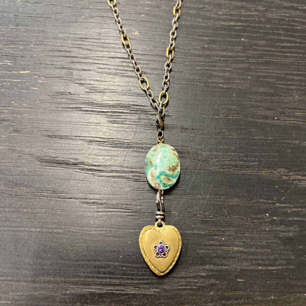 Silver/Bronze Chain Necklace with Green Stone and Pendant