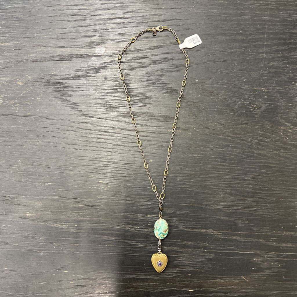 Silver/Bronze Chain Necklace with Green Stone and Pendant