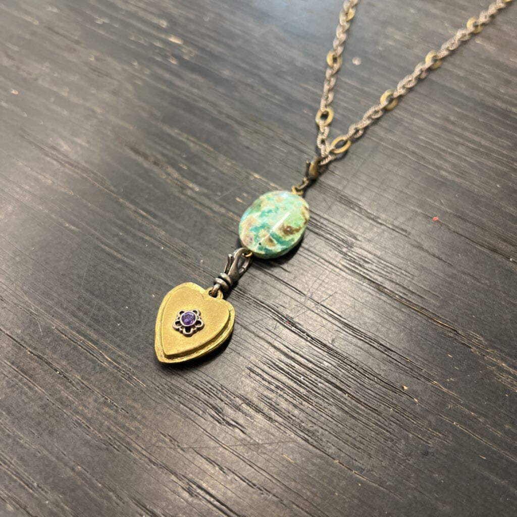 Silver/Bronze Chain Necklace with Green Stone and Pendant
