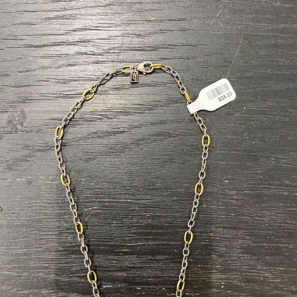 Silver/Bronze Chain Necklace with Green Stone and Pendant