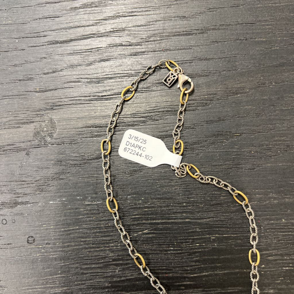 Silver/Bronze Chain Necklace with Green Stone and Pendant