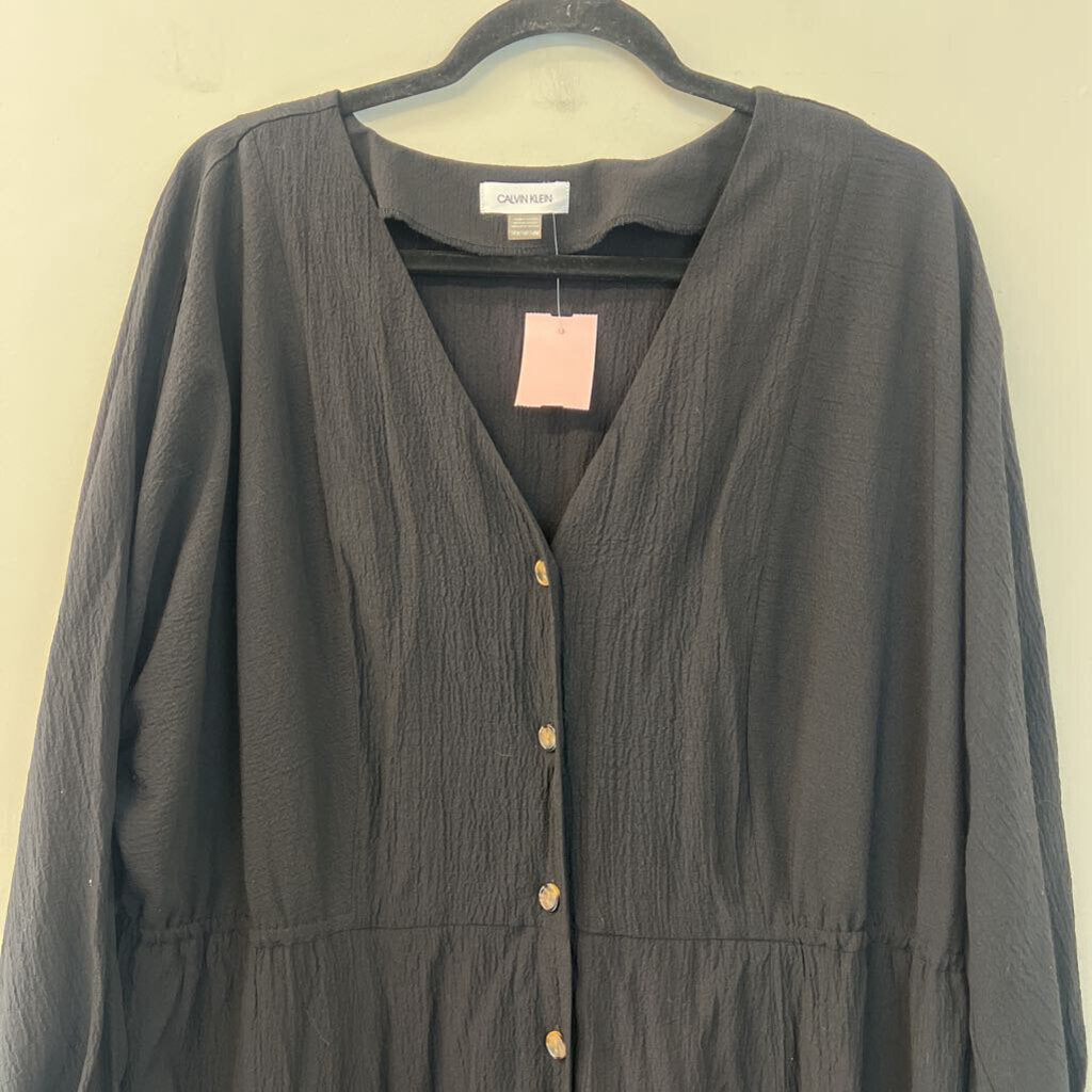Calvin Klein Black Textured Long Sleeve Button Front Dress 14W
