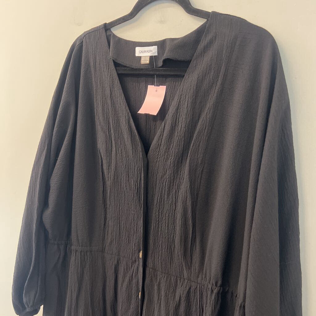 Calvin Klein Black Textured Long Sleeve Button Front Dress 14W