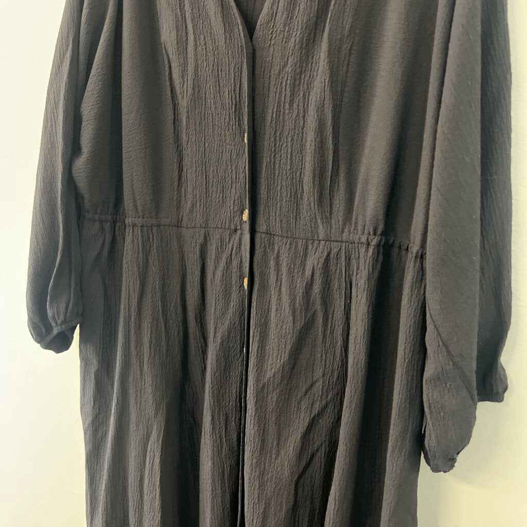 Calvin Klein Black Textured Long Sleeve Button Front Dress 14W