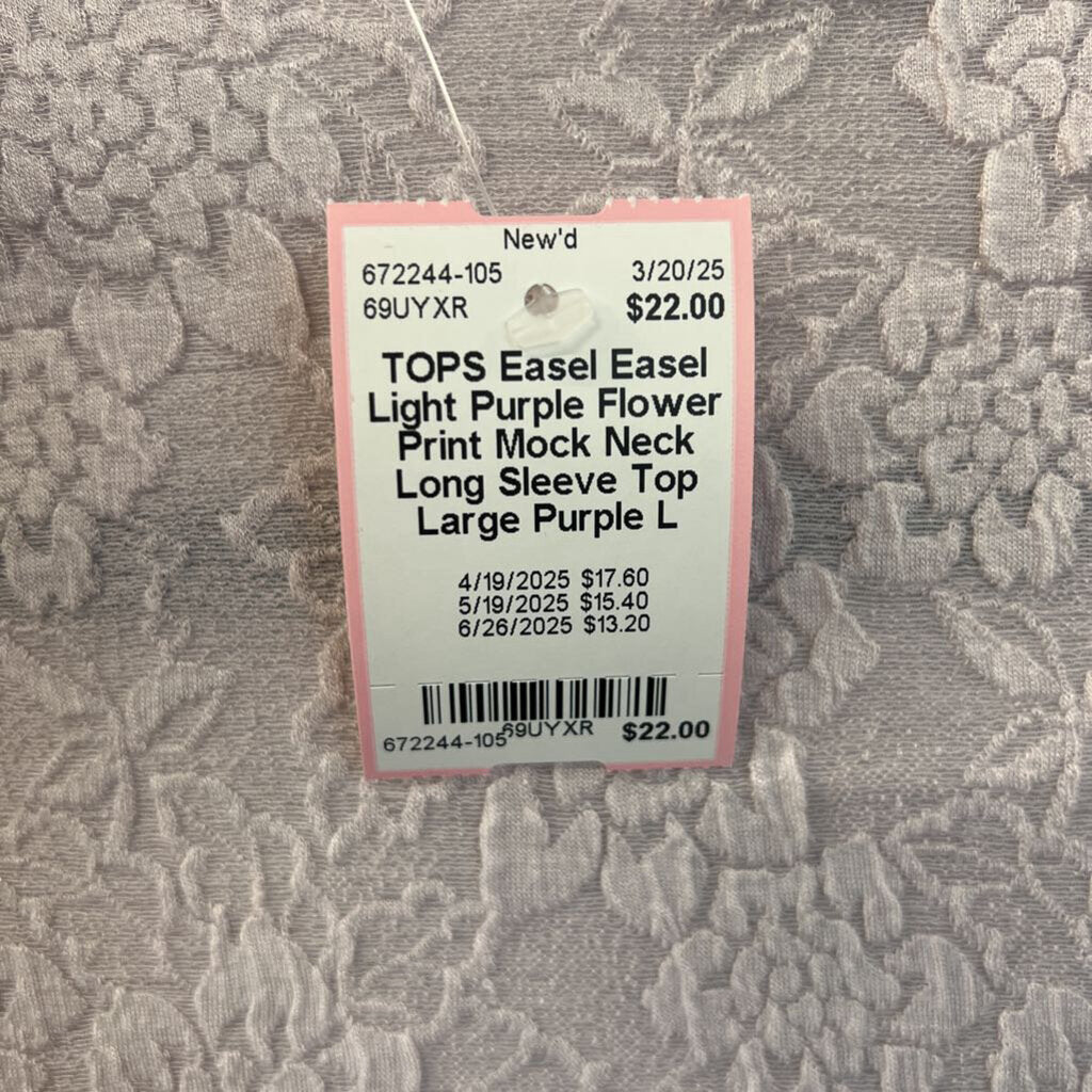 Easel Light Purple Flower Print Mock Neck Long Sleeve Top Large