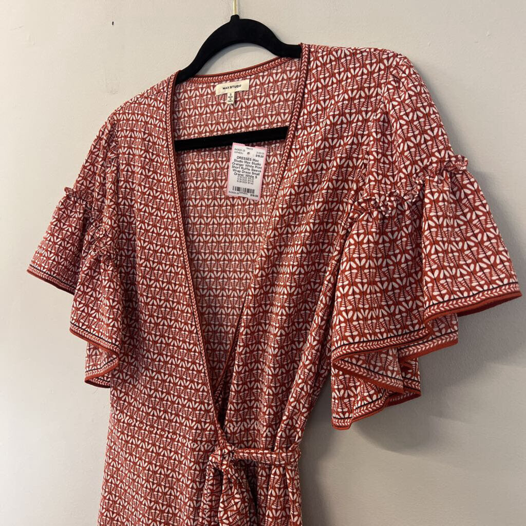 Max Studio Orange/ White Print Short Ruffle Sleeve Wrap Dress Small