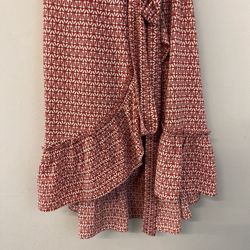 Max Studio Orange/ White Print Short Ruffle Sleeve Wrap Dress Small