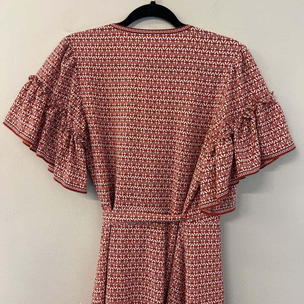 Max Studio Orange/ White Print Short Ruffle Sleeve Wrap Dress Small