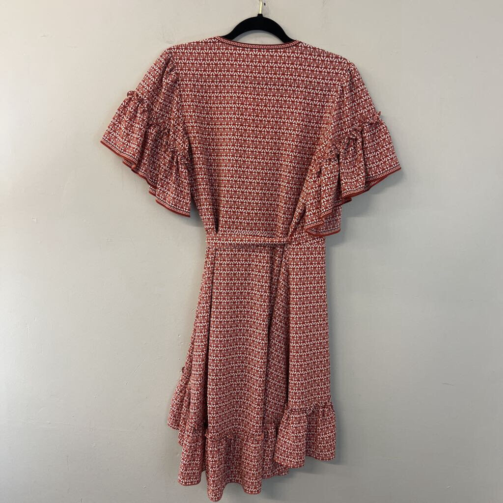 Max Studio Orange/ White Print Short Ruffle Sleeve Wrap Dress Small