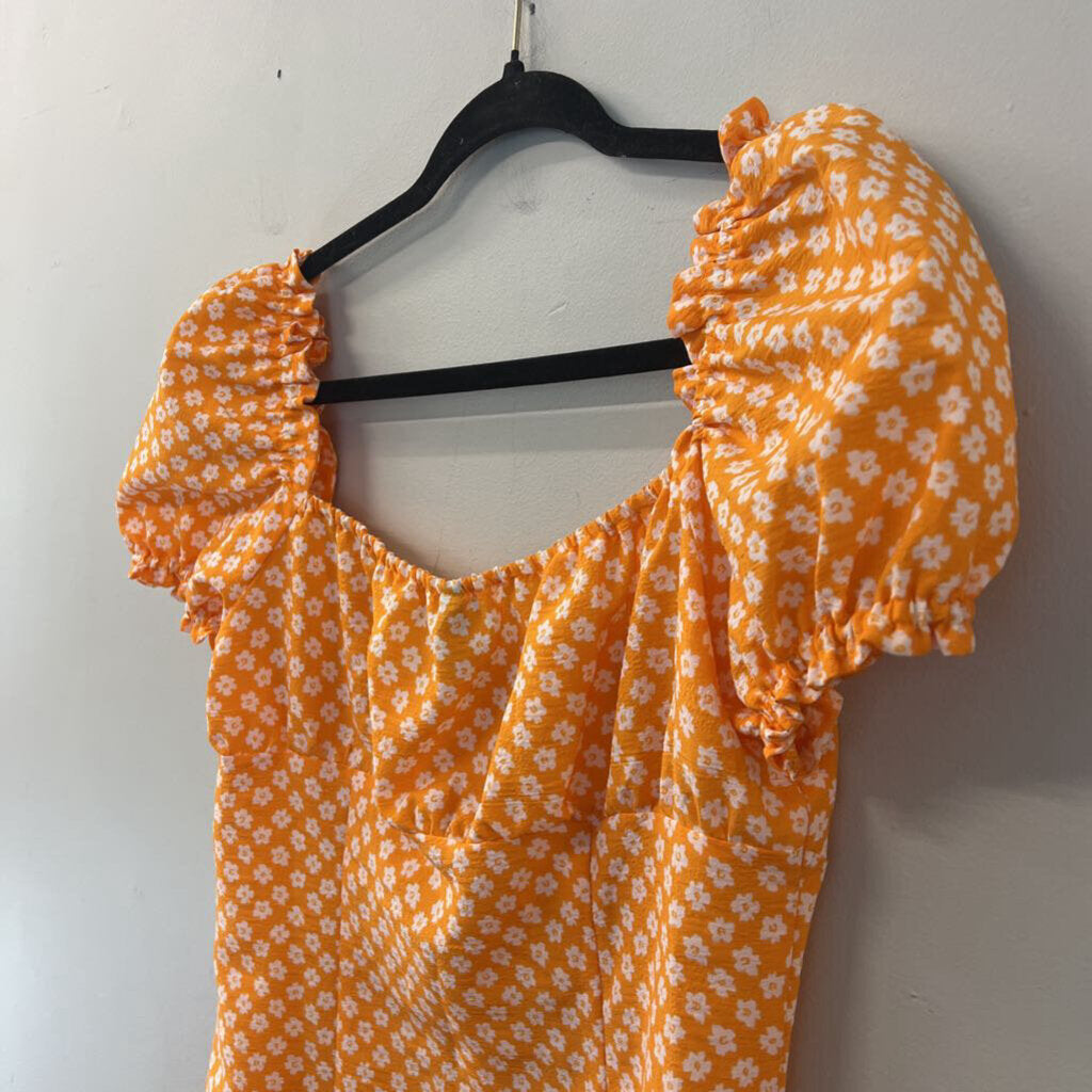 Divided Yellow/ White Flower Print Short Puff Sleeve Dress Medium