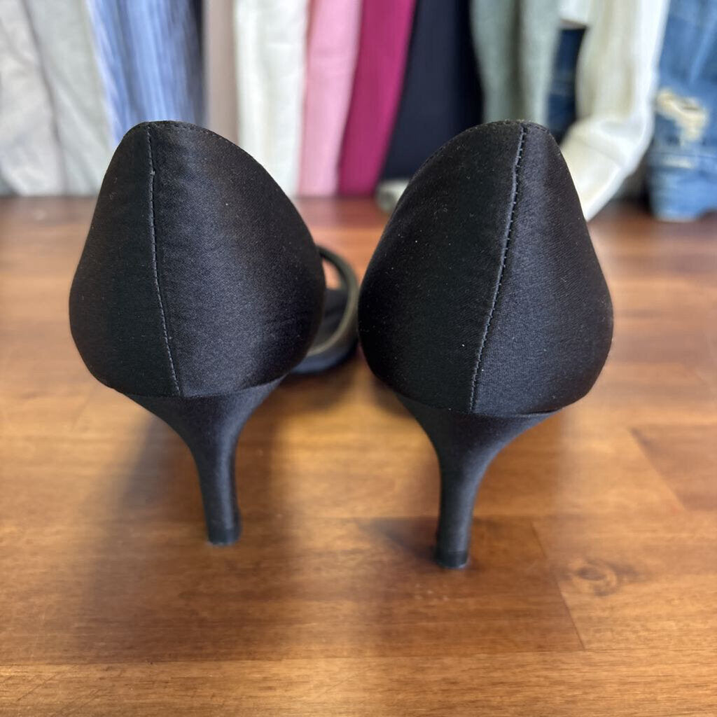 Nina Black Satin Peep Toe Heels 7.5