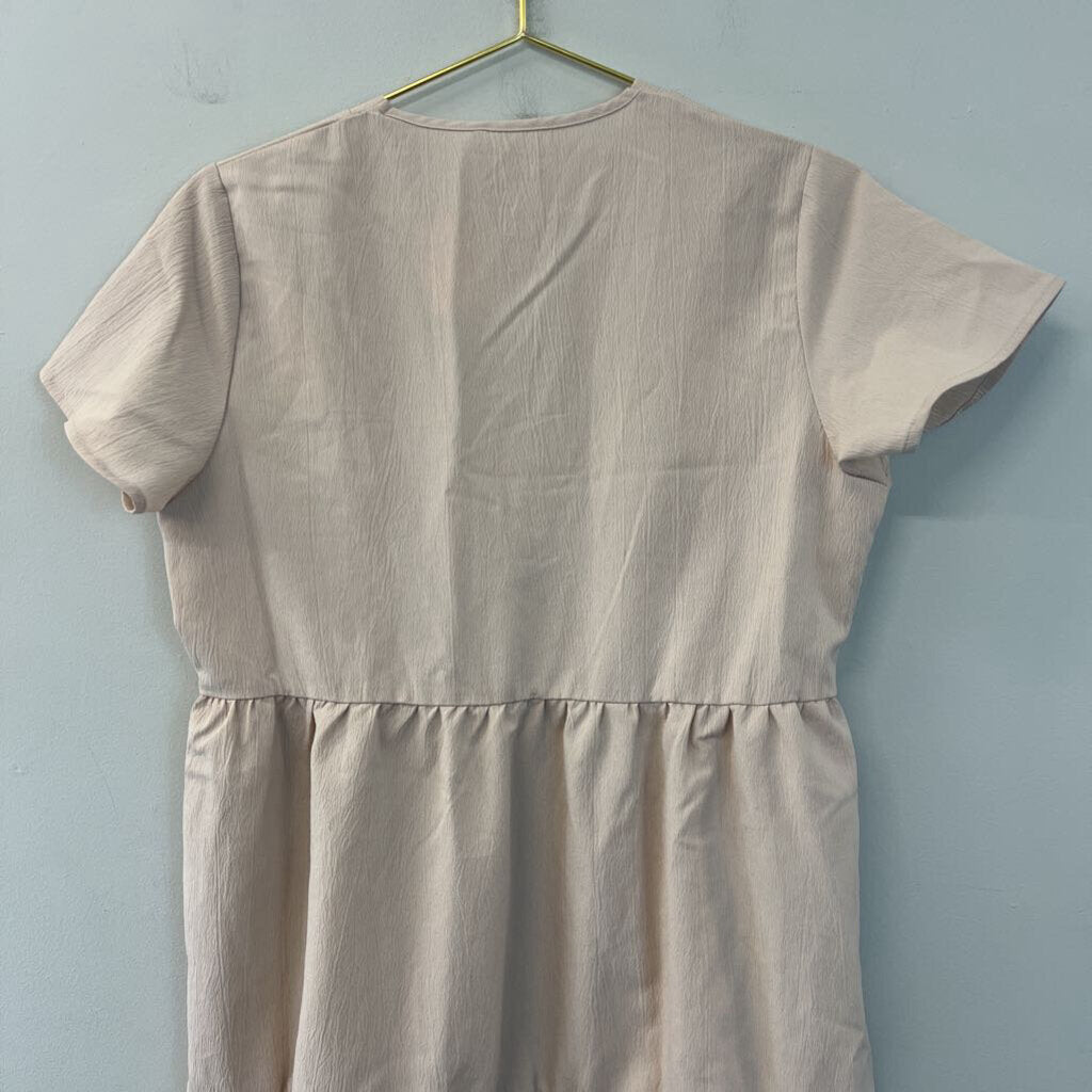 Beige Crinkle Short Sleeve Baby Doll Dress Medium