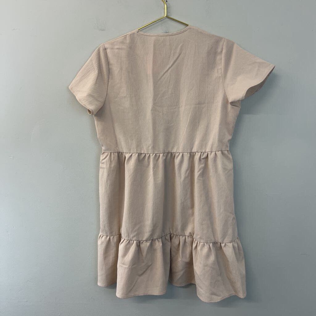 Beige Crinkle Short Sleeve Baby Doll Dress Medium
