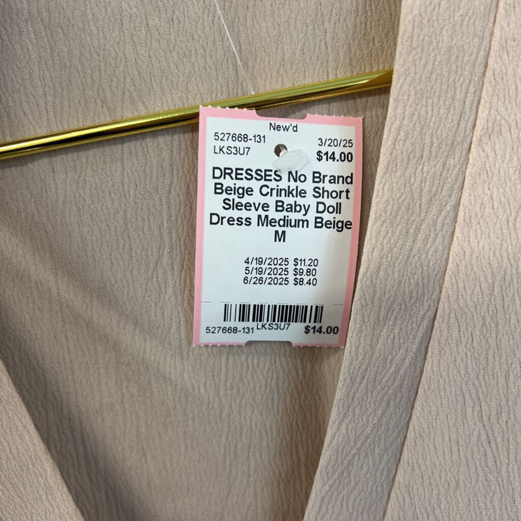Beige Crinkle Short Sleeve Baby Doll Dress Medium