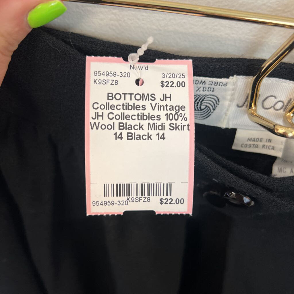 Vintage JH Collectibles 100% Wool Black Midi Skirt 14