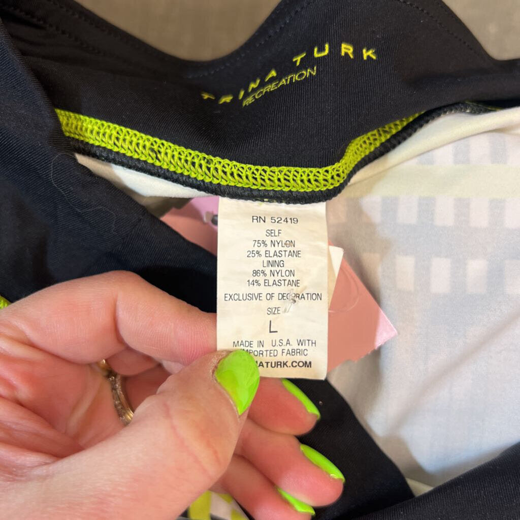 Trina Turk Black/ White/ Green Print Active Cropped Leggings Large