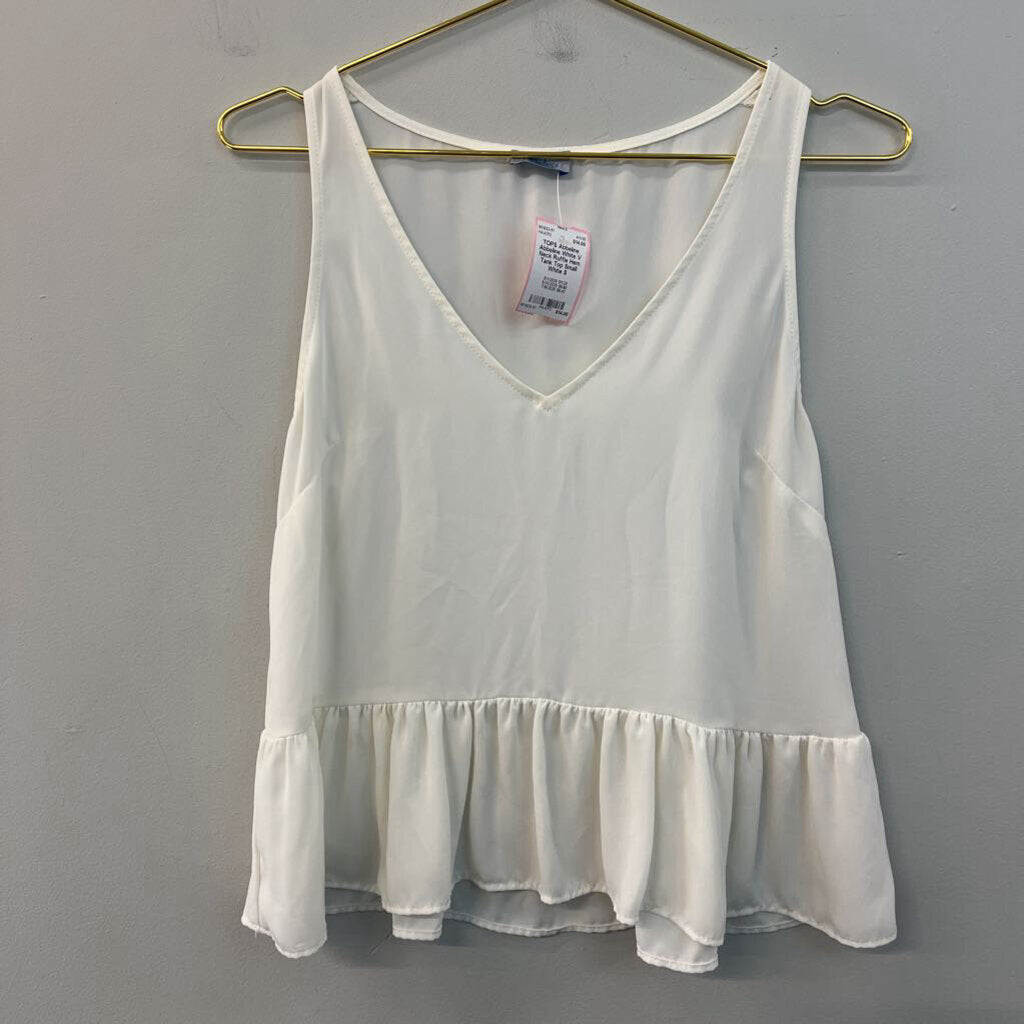 Abbeline White V Neck Ruffle Hem Tank Top Small