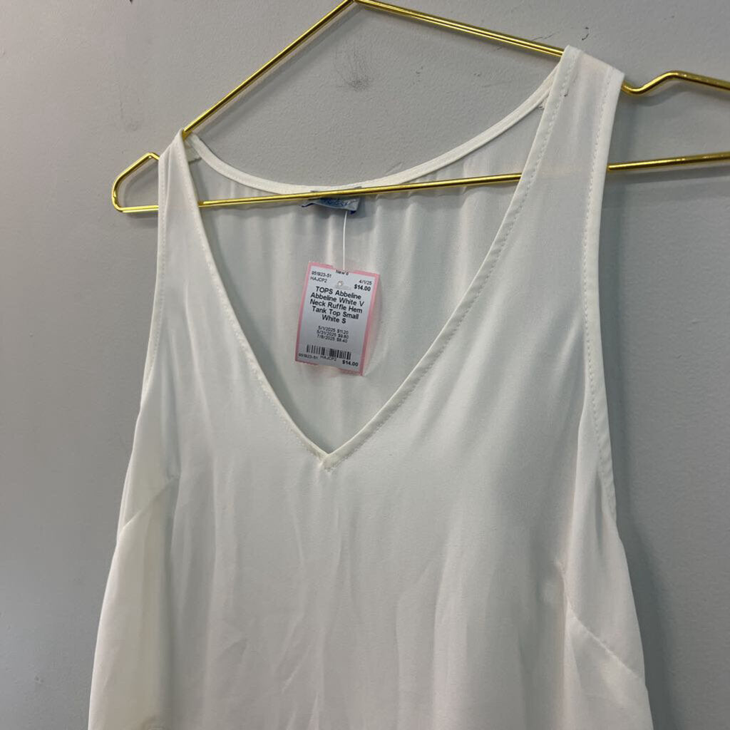 Abbeline White V Neck Ruffle Hem Tank Top Small