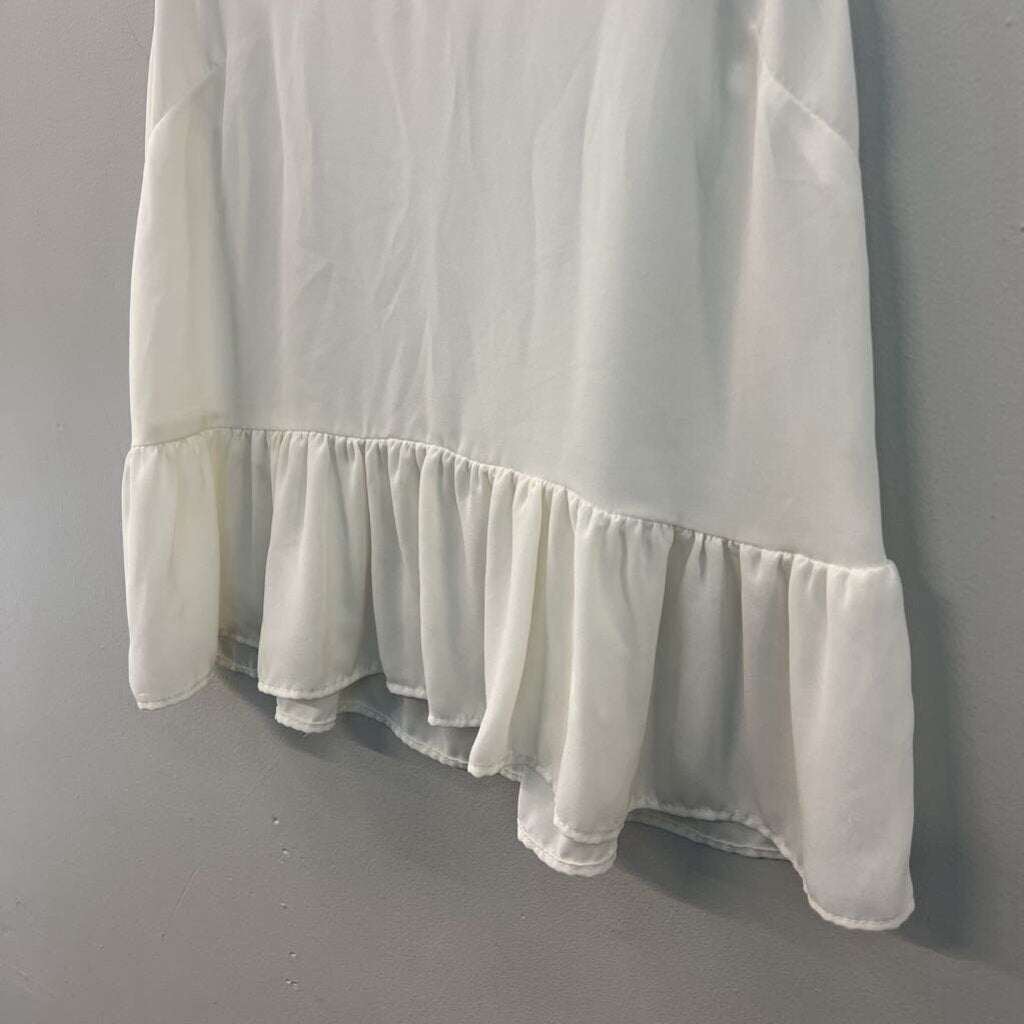 Abbeline White V Neck Ruffle Hem Tank Top Small