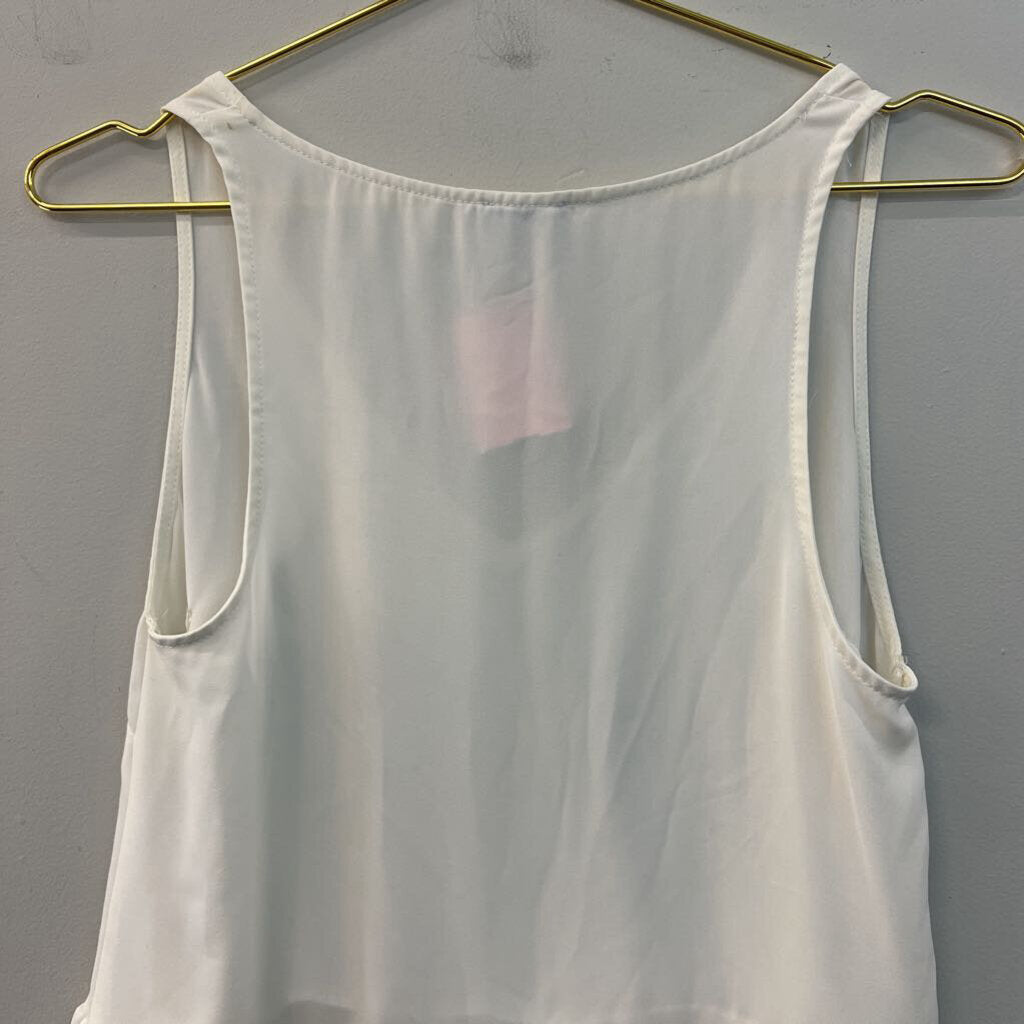 Abbeline White V Neck Ruffle Hem Tank Top Small