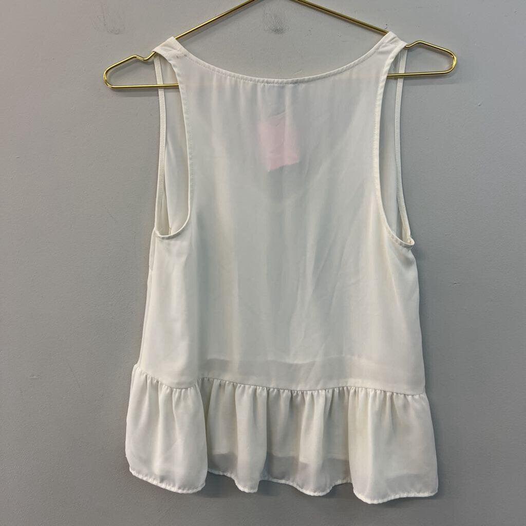 Abbeline White V Neck Ruffle Hem Tank Top Small