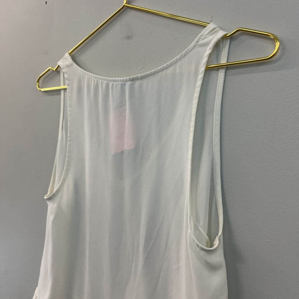 Abbeline White V Neck Ruffle Hem Tank Top Small