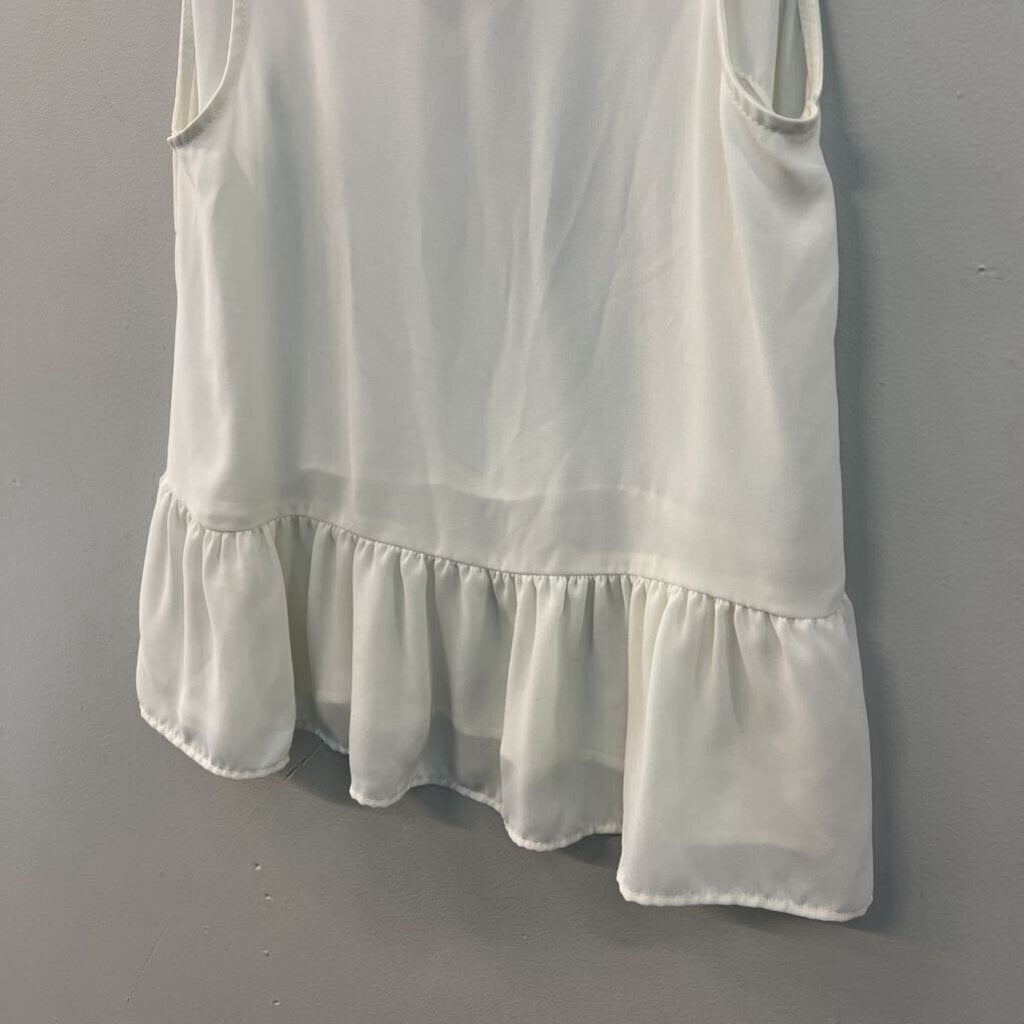 Abbeline White V Neck Ruffle Hem Tank Top Small