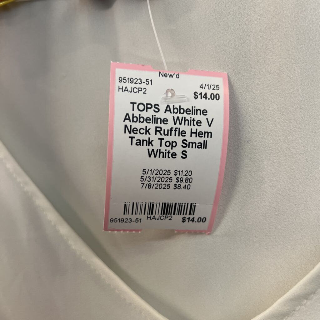 Abbeline White V Neck Ruffle Hem Tank Top Small